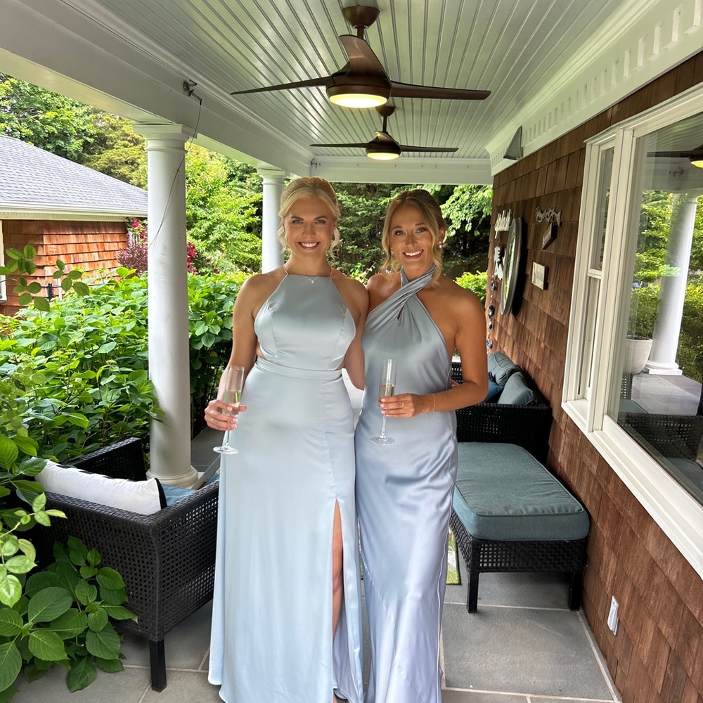 Show Me Your MuMu Jasmine Light Blue Satin Cross-Halter Maxi Dress - Picture 2 of 5